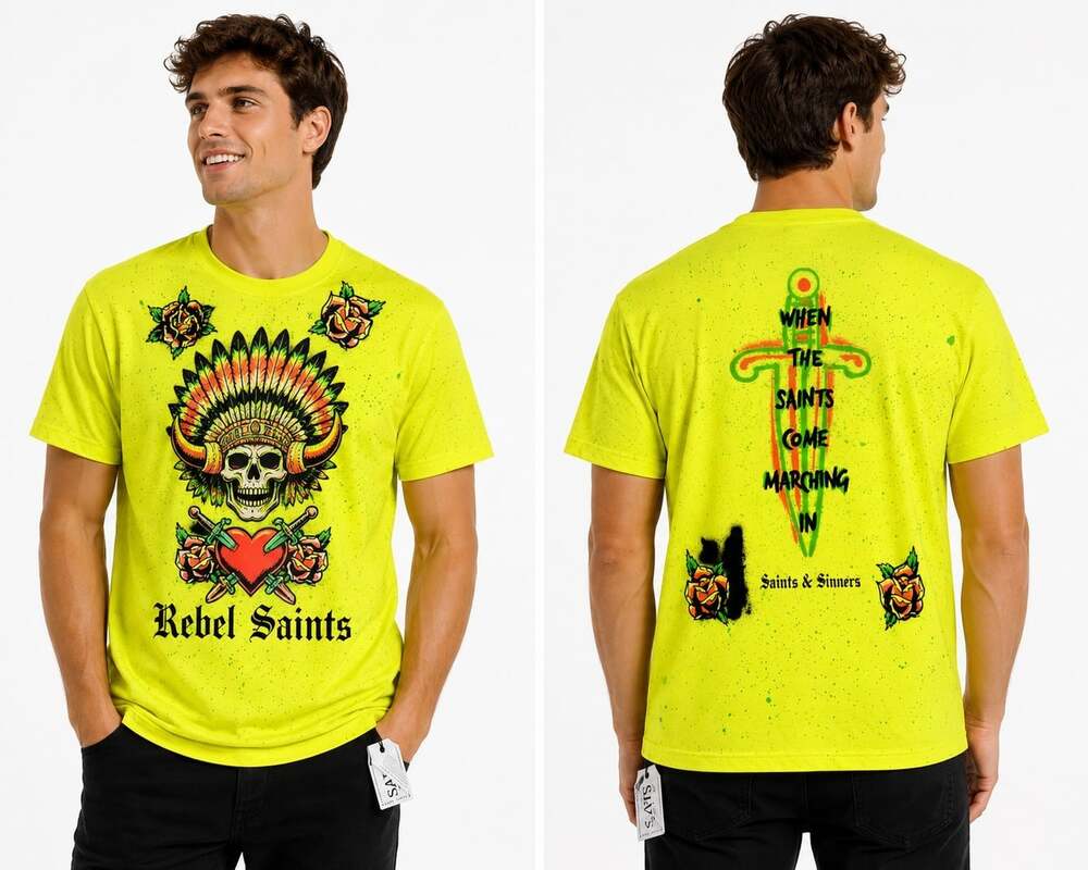 Rebel Saints Neon Yellow Marching In Graphic Skull Roses T-Shirt NWT Small T40